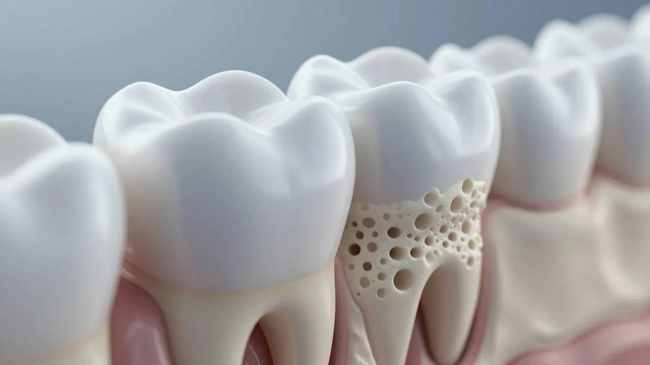 Mikroskopický pohled na povrch zubu a plomby