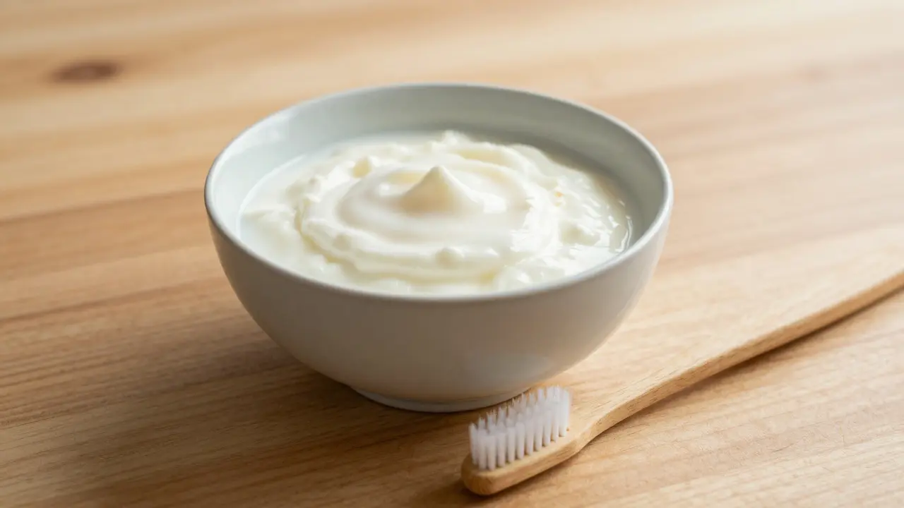 Mísa jogurtu jako bezpečné měkké jídlo během hojení dásní po vytržení zubu.