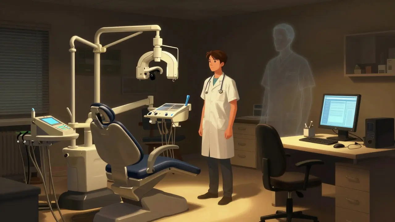 Mladý absolvent stojí v prázdné zubní ordinaci s nepoužitým vybavením, symbolizující nedostatek podpory.