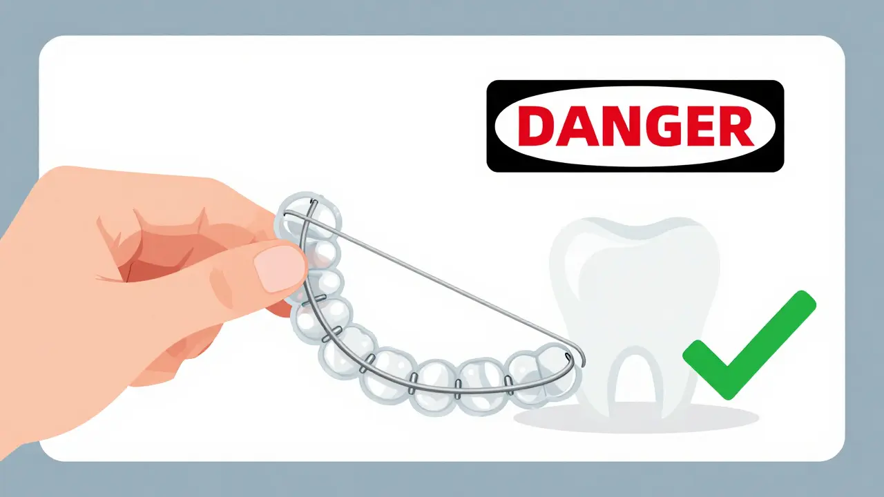 Nebezpečná kovová šňůra vs. bezpečný dentální aligner.