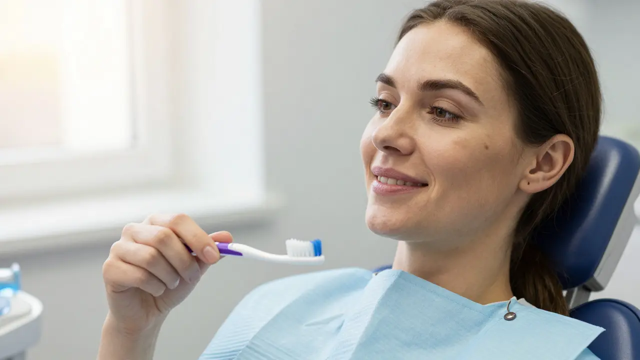 Patient smiling after dental cleaning, holding interdental brush.