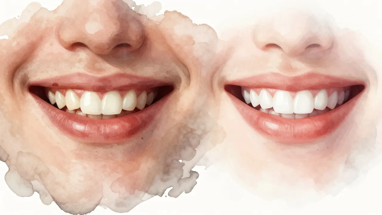 Porovnání špatného a čistého úsměvu: zubní kámen a skvrny před a po pískování.