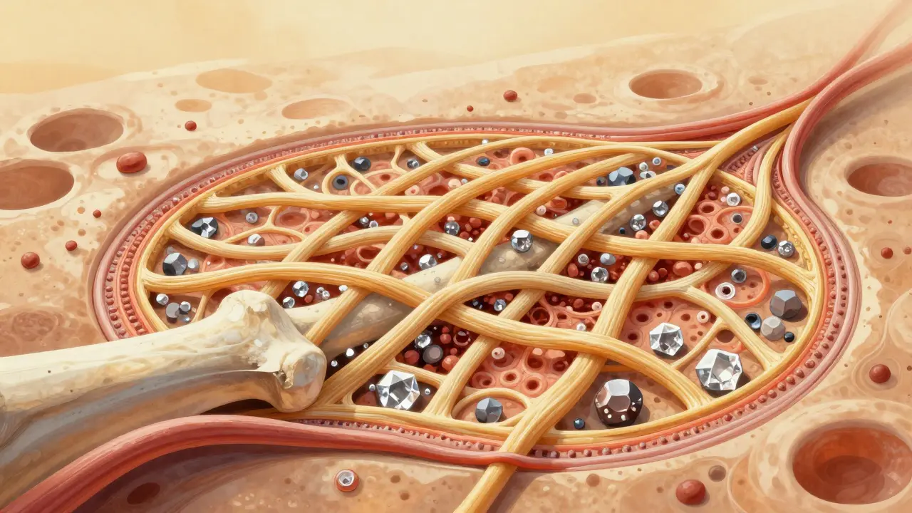 Příčný řez kostí s kolagenovou sítí a mineralizovanými krystaly, s krvními cévami a buňkami.