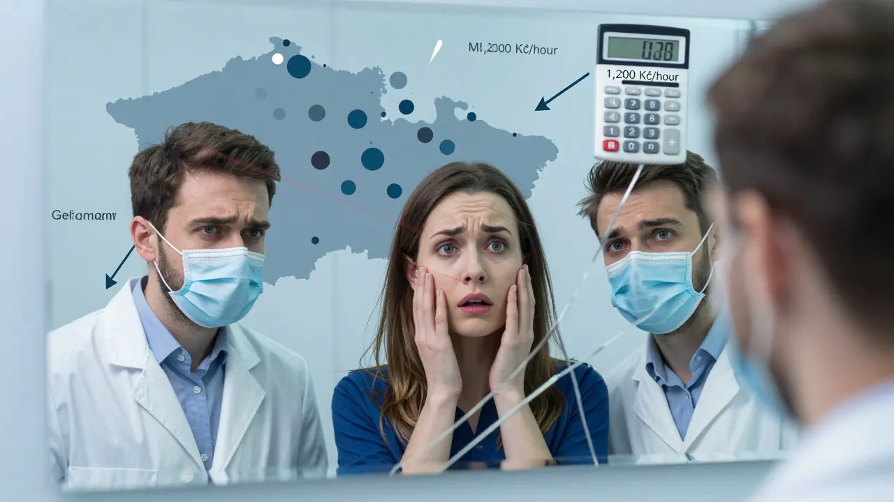 Rozdělené zrcadlo zobrazuje zubního lékaře, pacienta a kalkulačku s nízkou hodinovou mzdou, pozadí s mapou Česka.