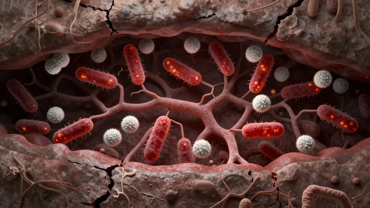 Schematický vývoj bakterií pod dásními v zubním kameni.