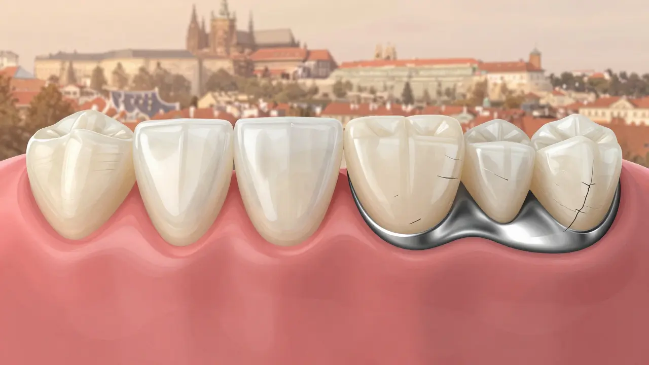Side-by-side cross-sections showing zirconia crown with natural gum line versus metal-ceramic crown with visible metal margin.