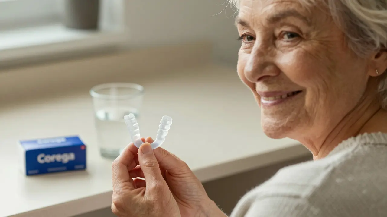 Starší člověk se usmívá, drží čistou protézu v ruce, symbolizující důvěru a pohodlí.
