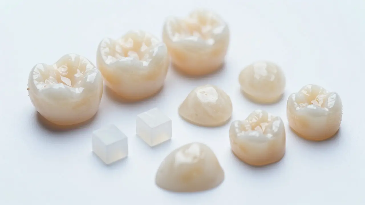 Vzorky keramických korunek a kompozitu na klinice.