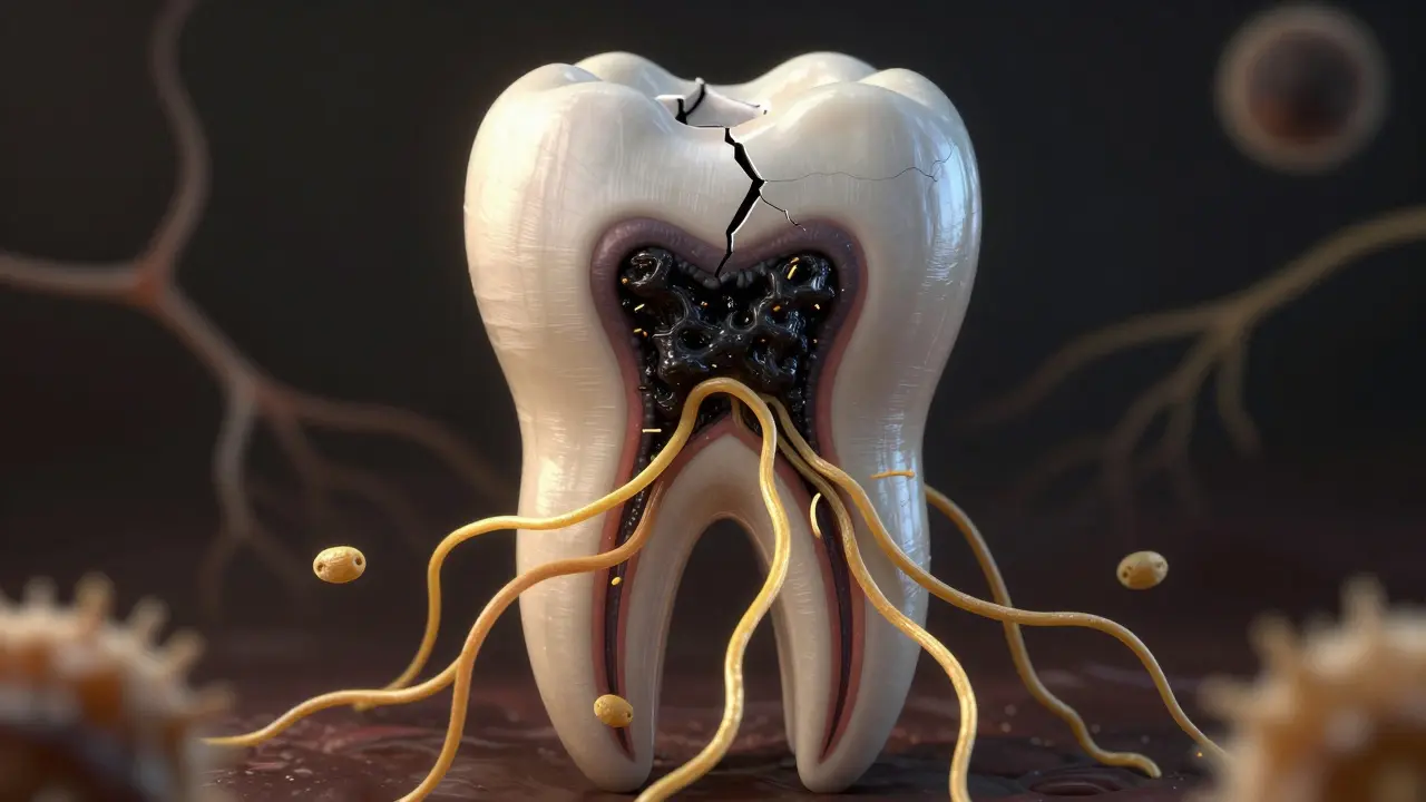 Zemřelý zub s rozpadající se pultou a infekčními bakteriemi šířícími se do čelisti.
