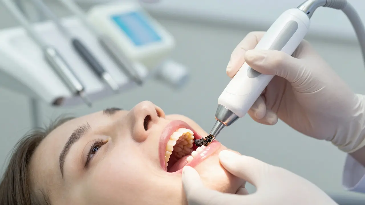 Zubař odstraňující zubní kámen ultrazvukovým skrabařem.