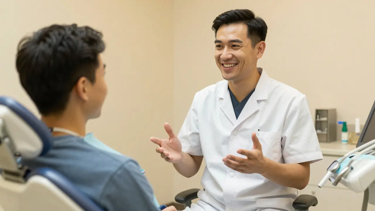 Zubař vysvětluje pacientovi možnosti obnovy chrupu.