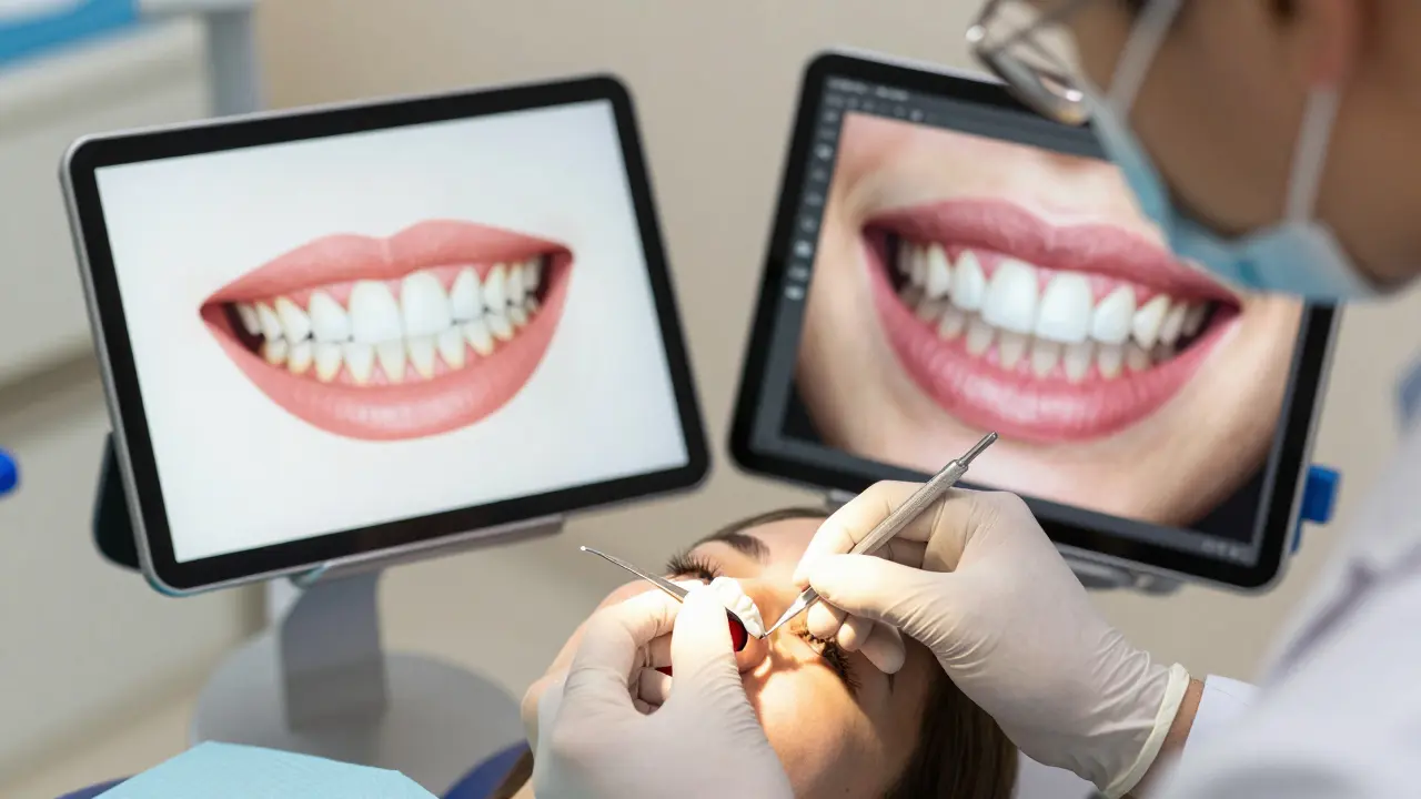 Zubní lékař aplikuje keramickou fazetu na zub, vedle je digitální simulace nového úsměvu.