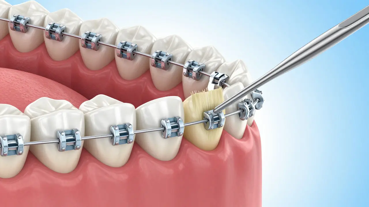 3D ilustrace mezizubního kartáčku čistícího prostor mezi zuby s ortodontickým aparátem.