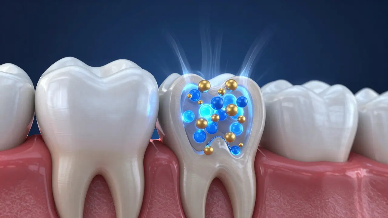 3D ilustrace procesu remineralizace zubní skloviny minerály.