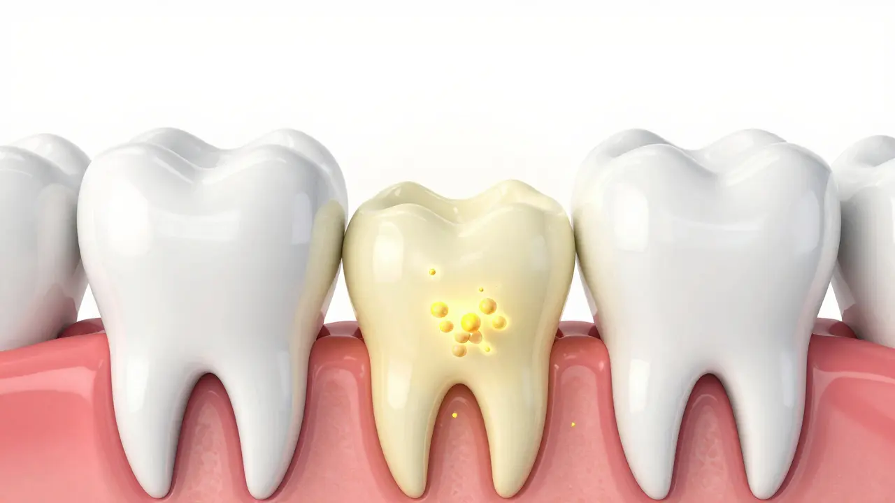 3D ilustrace průniku bělicího gelu skrze sklovinu do dentinu zubu.