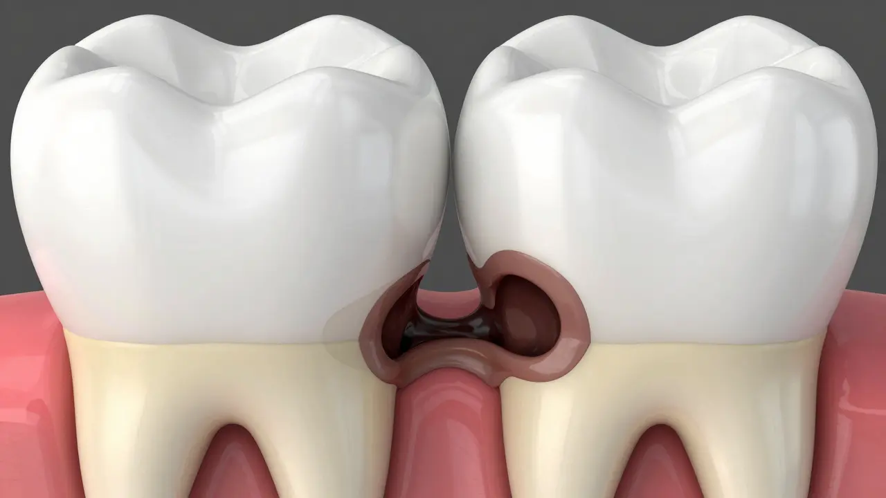 3D model dvou sousedních zubů s detailem temného kazu v kontaktním bodě.
