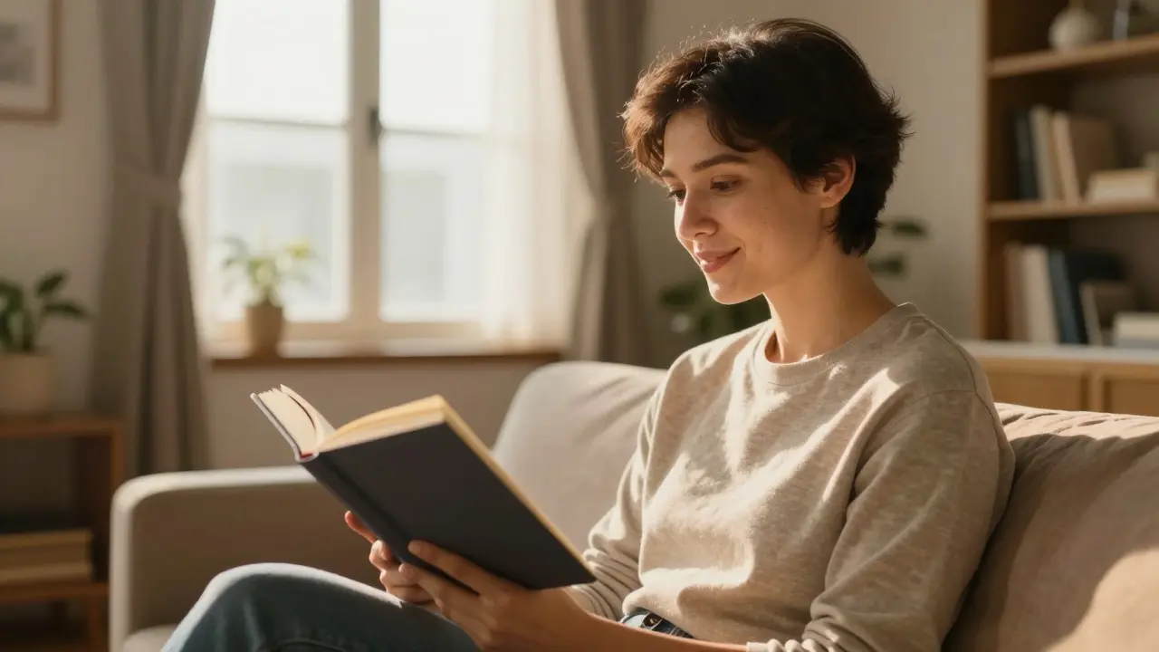 Člověk nahlas čte z knihy a trénuje artikulaci.