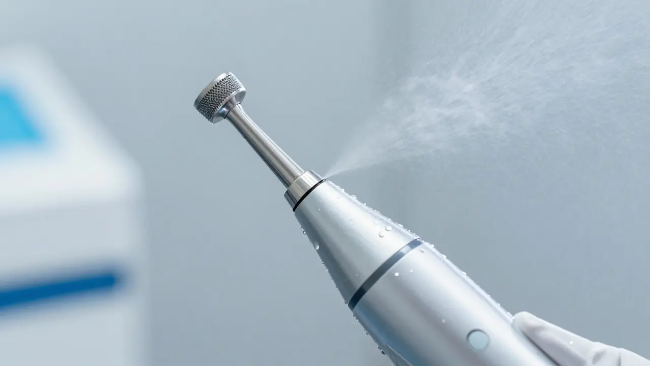 Detail ultrazvukového přístroje a Air-flow s jemnou vodní mlhou.