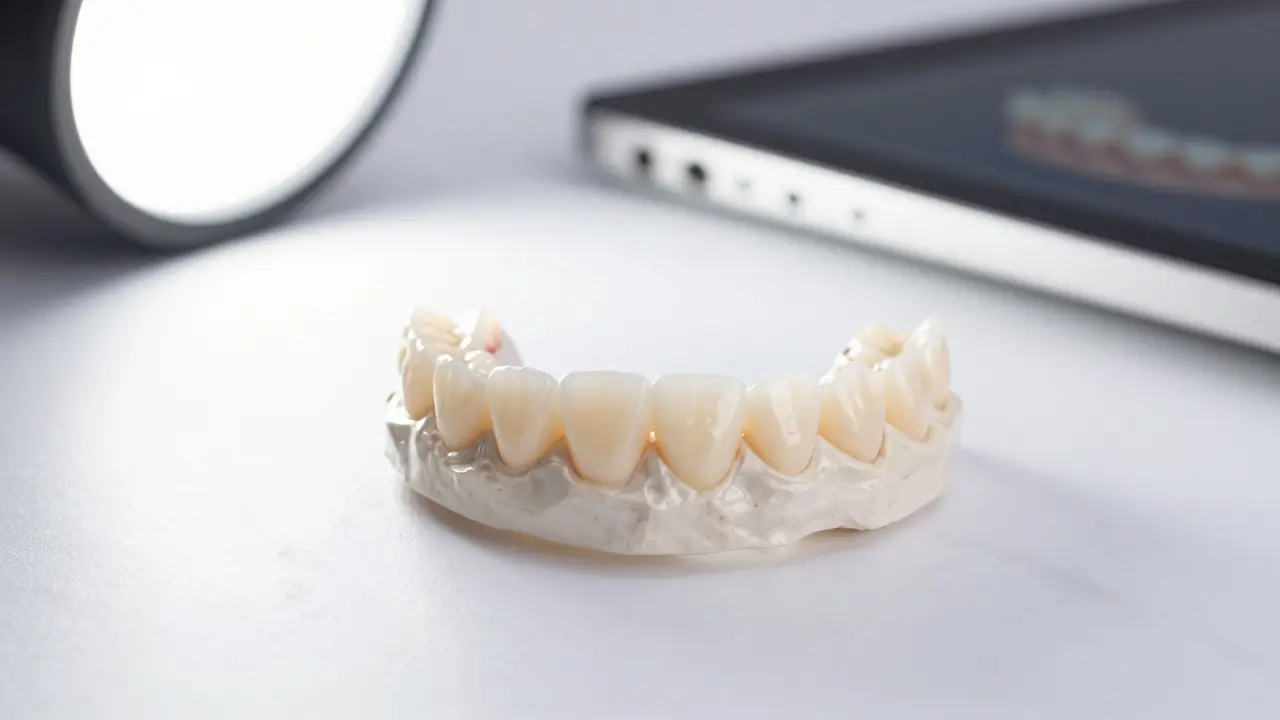 Detailní pohled na moderní keramické nasazovací zuby z cirkonu.