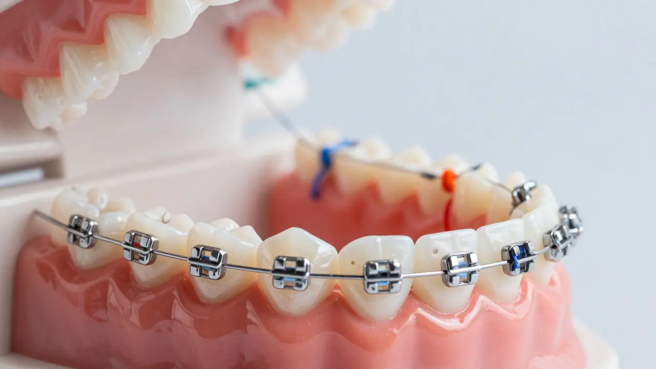 Detailní srovnání kovových, keramických a safírových ortodontických zářečků.