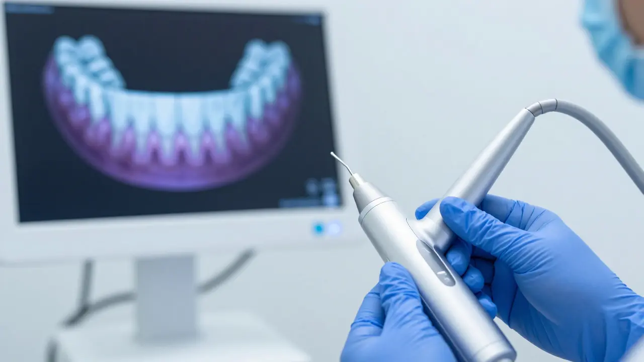 Digitální intraorální skener vytvářející 3D model zubního oblouku.