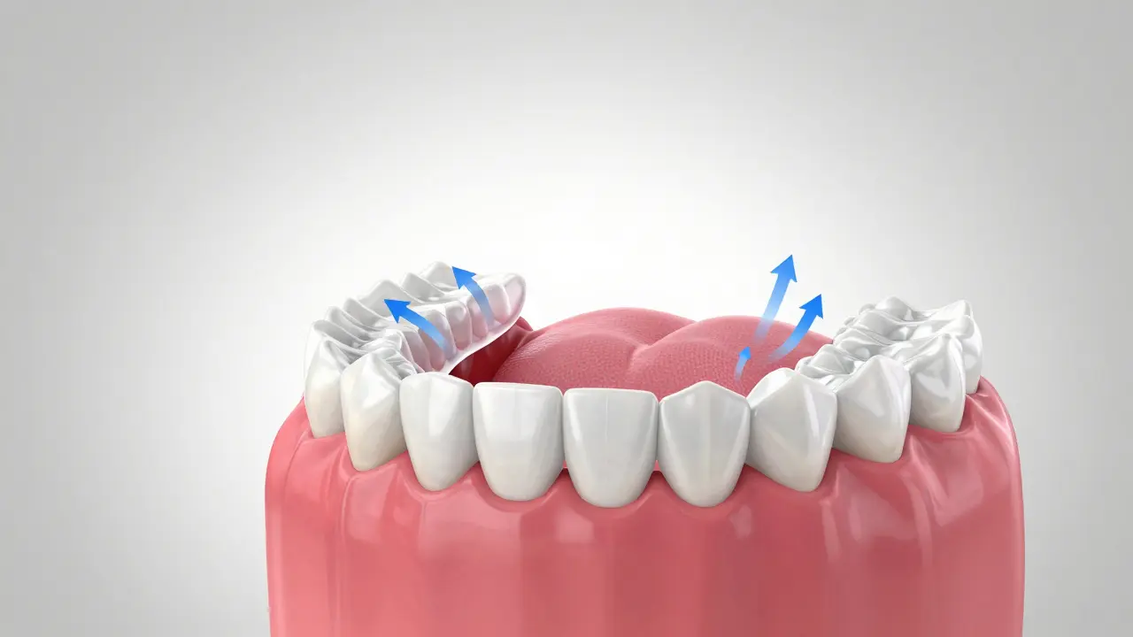 Ilustrace proudů vzduchu v ústech s průhledným alignerem.