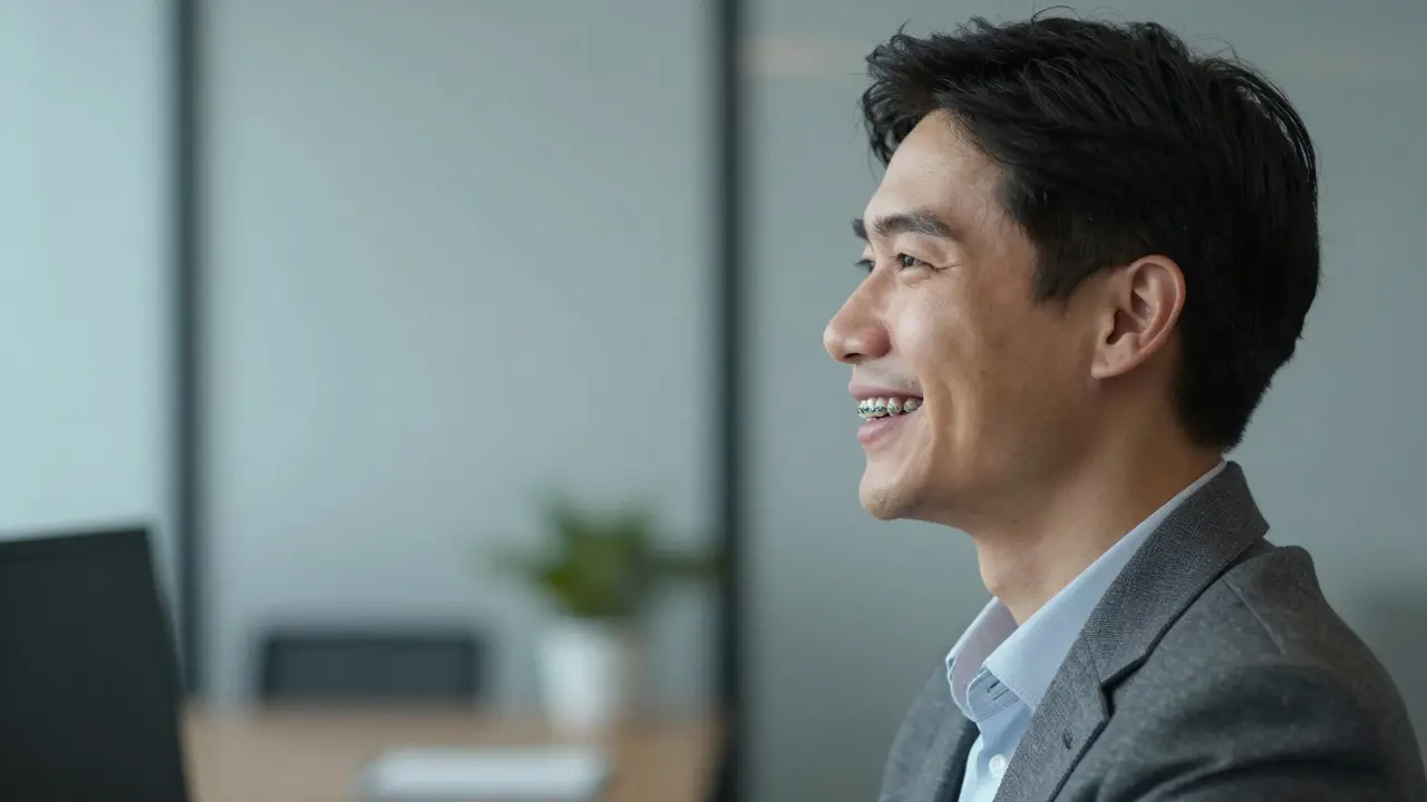 K sebevě señaló person s diskrétní keramickou rovnátkou