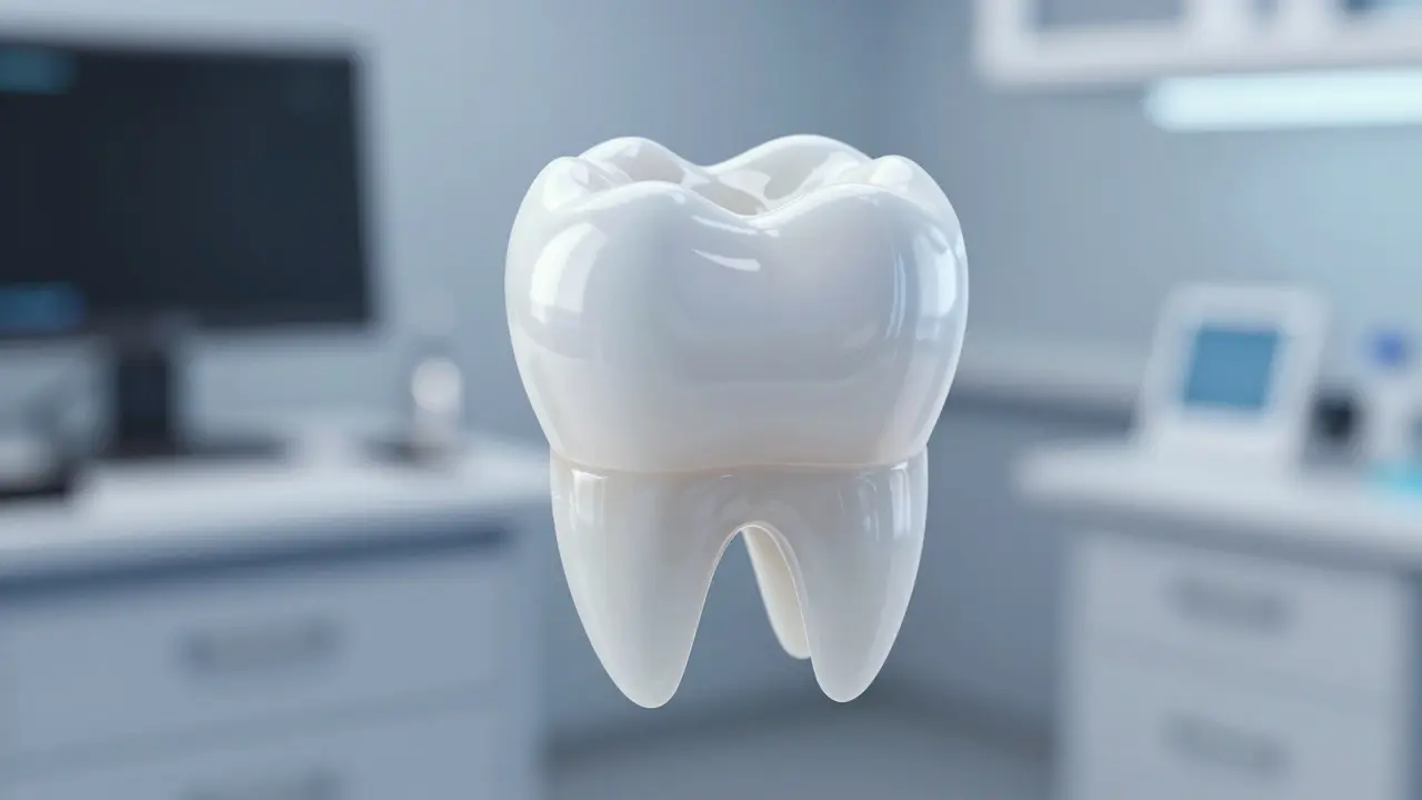 Konceptuální 3D model porcelánové fazety nad přirozeným zubem.