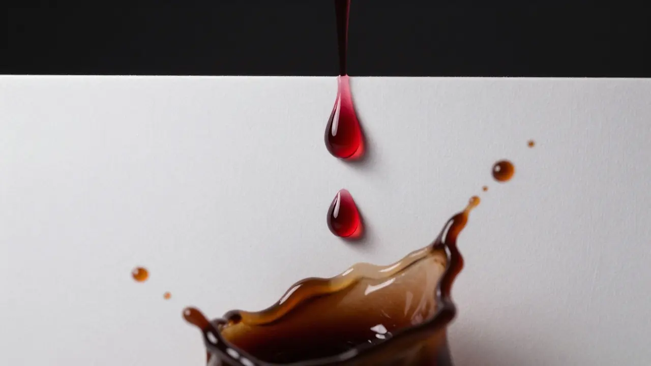 Konceptuální obraz červeného vína a kávy dopadajících na čerstvě vymalovanou bílou stěnu.