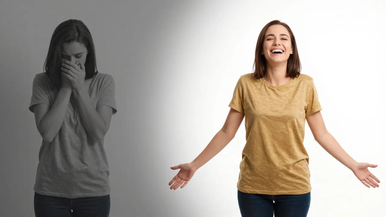 Konceptuální obraz znázornující změnu z nejistoty k radostnému úsměvu.