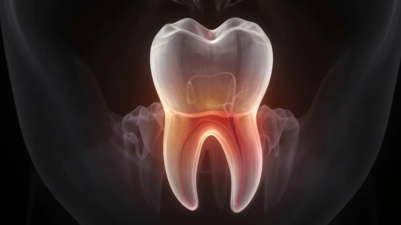 Konceptuální zobrazení zánětu a tlaku v oblasti kořene zubu v čelisti.