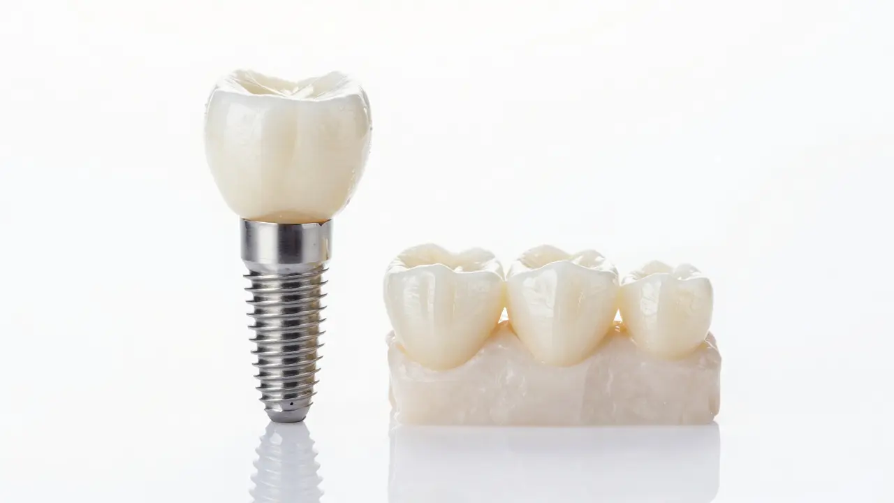 Kvalitní zubní implantát a zirkoniový most na bílém podkladu.