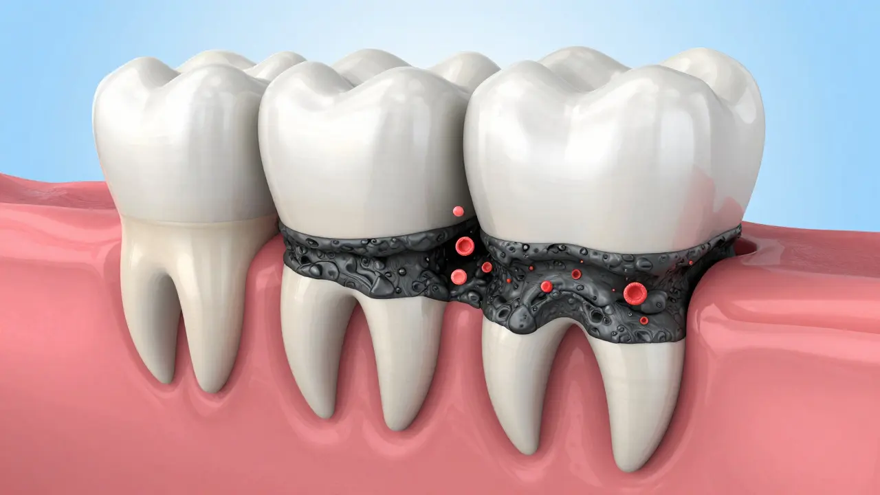 Medicínská ilustrace černého zubního kamene pod dásní v zubu.
