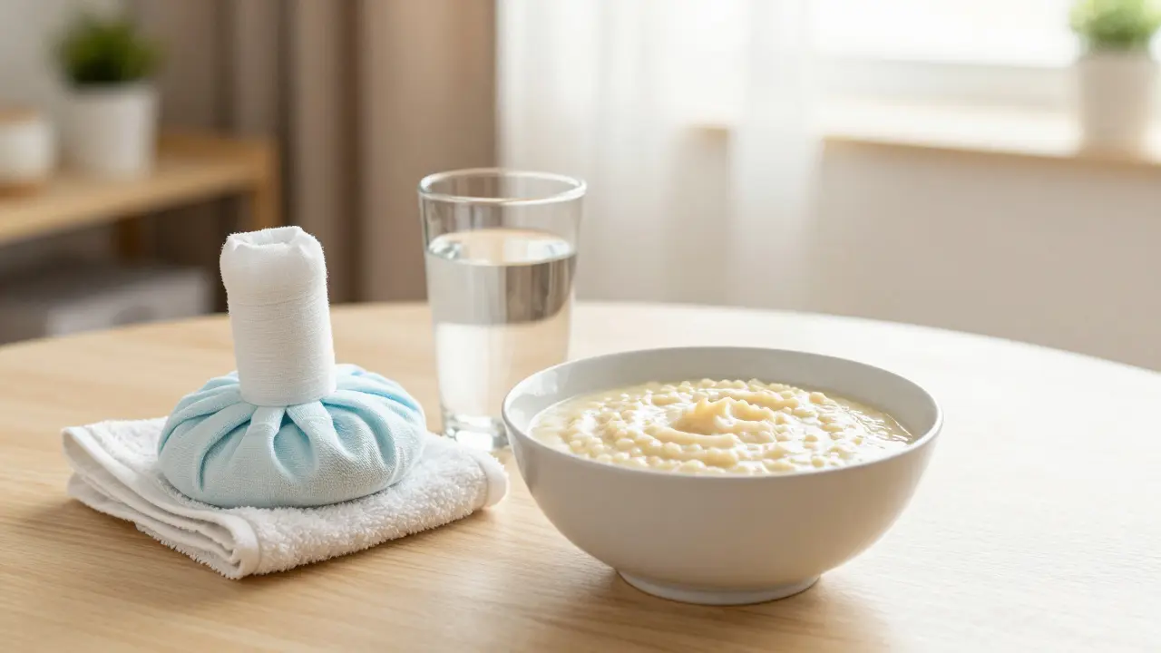 Měkká strava a studený obklad jako pomůcky pro hojení po zubařském zákroku.