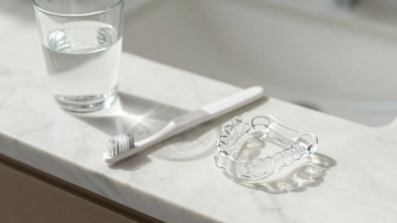 Ochranná dlaha z akrylátu a zubní kartáček na mramorovém povrchu.