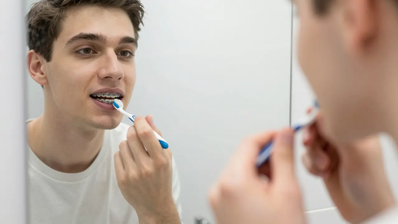 Osoba pečlivě čistící zuby s rovnátkem pomocí mezizubního kartáčku před zrcadlem.