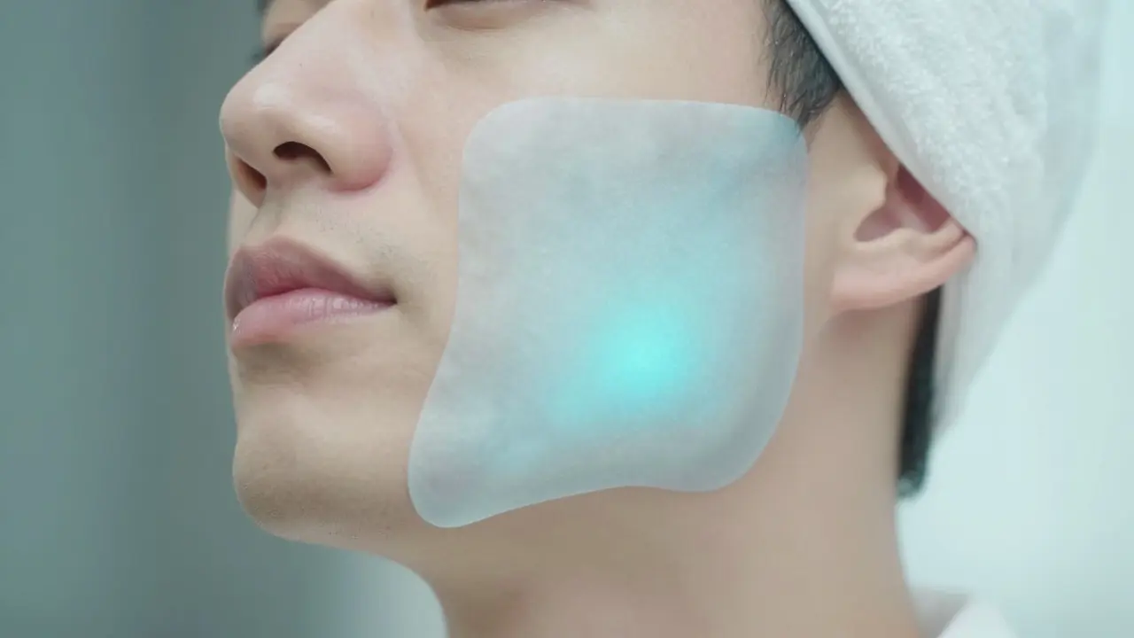 Osoba s chladivým obkladem na čelisti pro zmírnění otoku