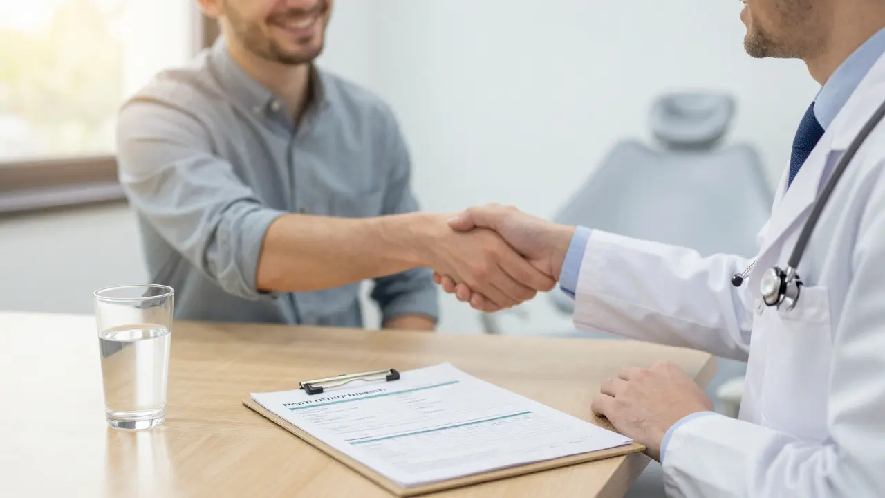 Pacient a lékař se domlouvají na splátkovém plánu léčby v ordinaci