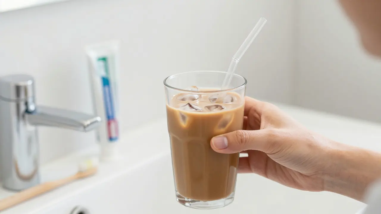 Ruka drží kávu s brčkem pro ochranu vybělených zubů před pigmentací.