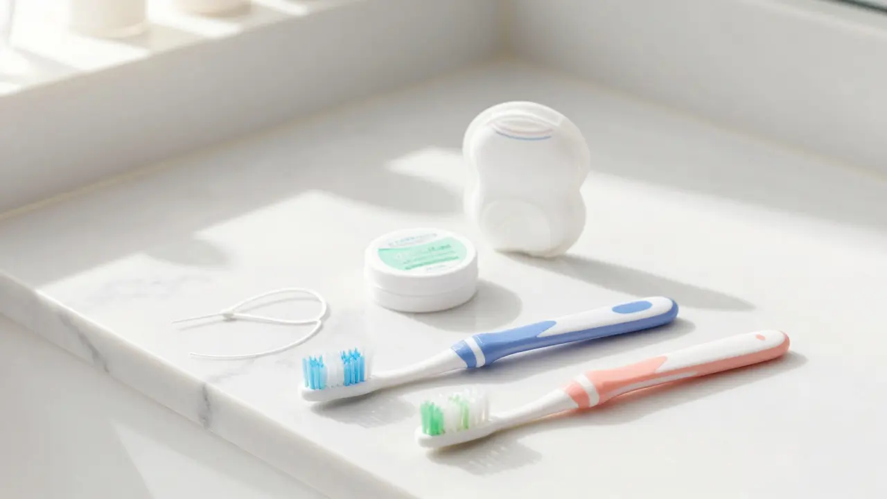 Sada pomůcek pro hygienu zubů s fixní rovnátka na mramorovém povrchu.