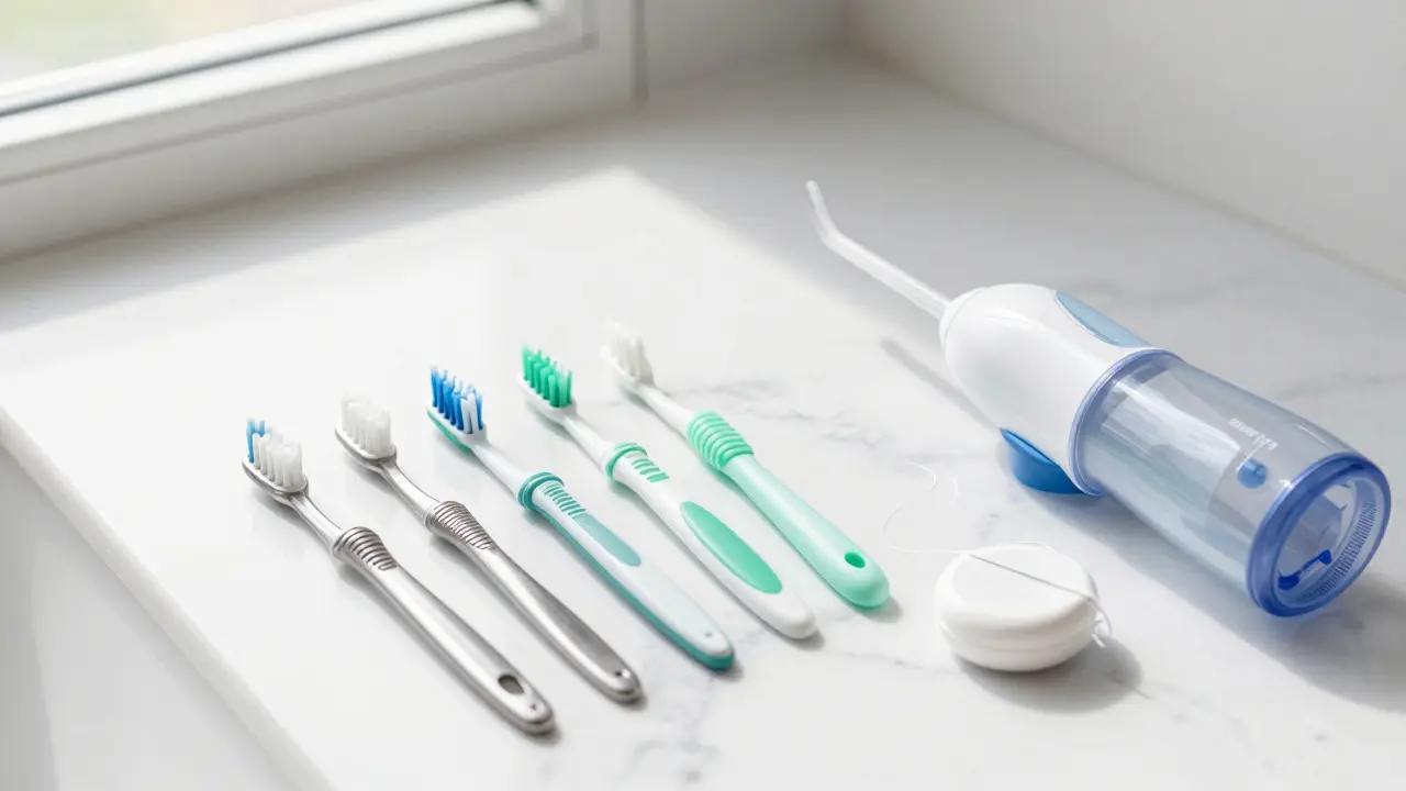 Sada pomůcek pro mezizubní hygienu: kartáčky, nit a ústní sprcha