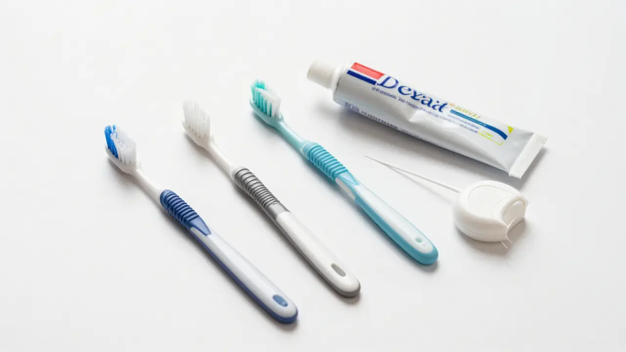 Sada pomůcek pro mezizubní hygienu včetně mezizubních kartáčků a nitě.