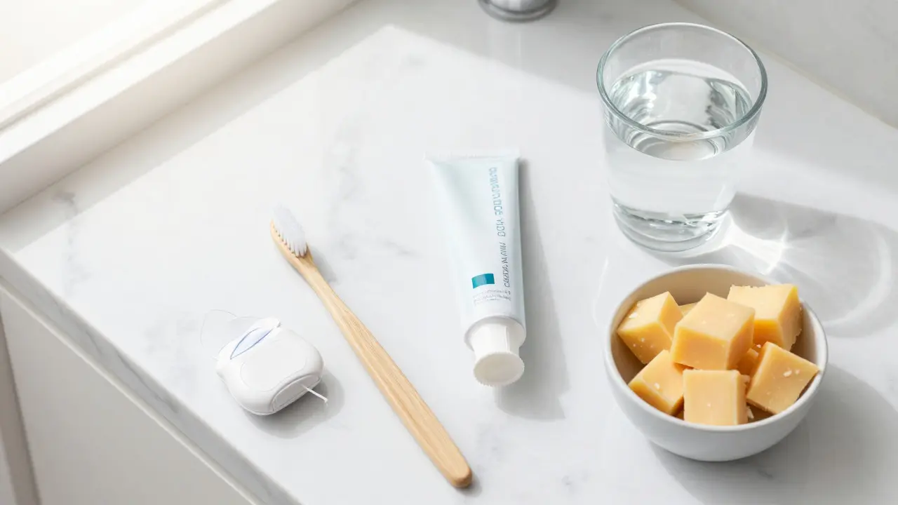 Sada pro dentální hygienu s kartáčkem, nití a zdravými potravinami.