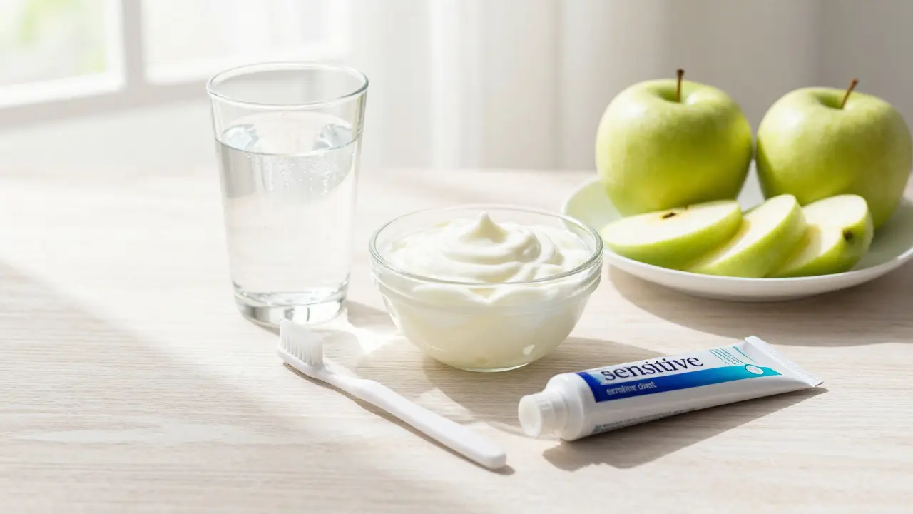 Sada zdravých potravin a hygienických pomůcek pro udržení bílých zubů.