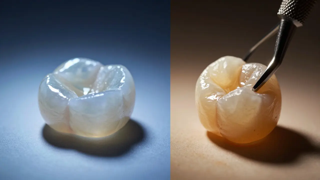 Srovnání průsvitné keramické fazety a modelování kompozitní pryskyřice.