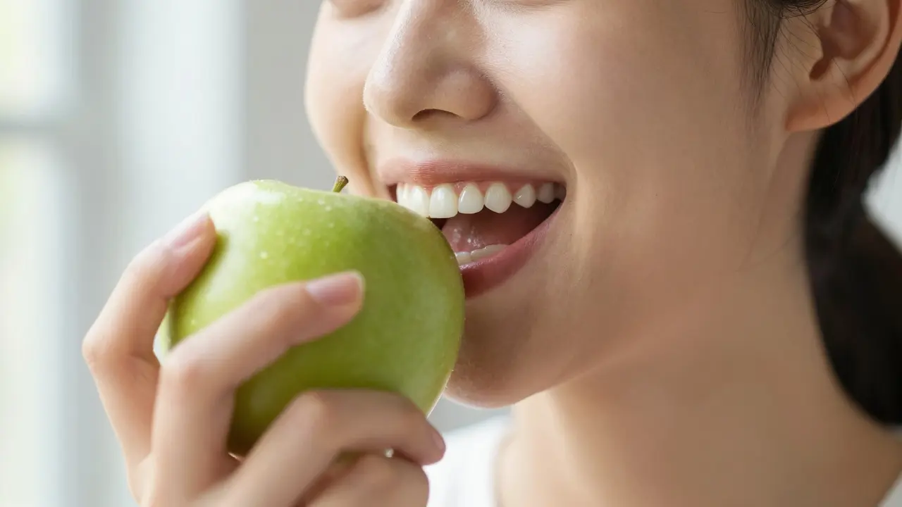 Šťastný člověk s krásným úsměvem kousající do jablka