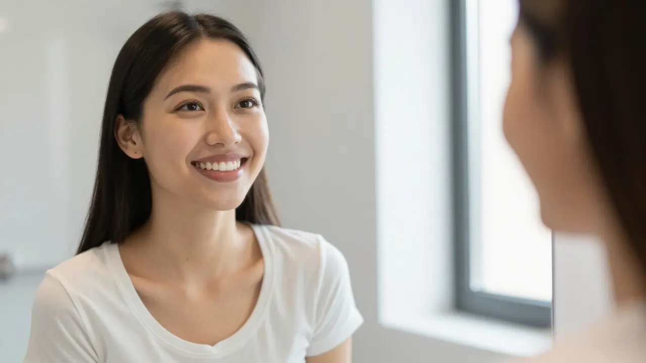 Šťastný člověk se zdařilým úsměvem se dívá do zrcadla.