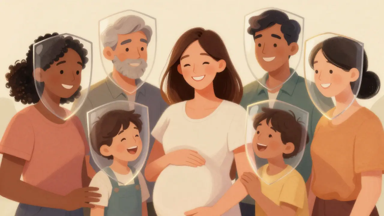 Těhotná žena a dítě s přátelským úsměvem