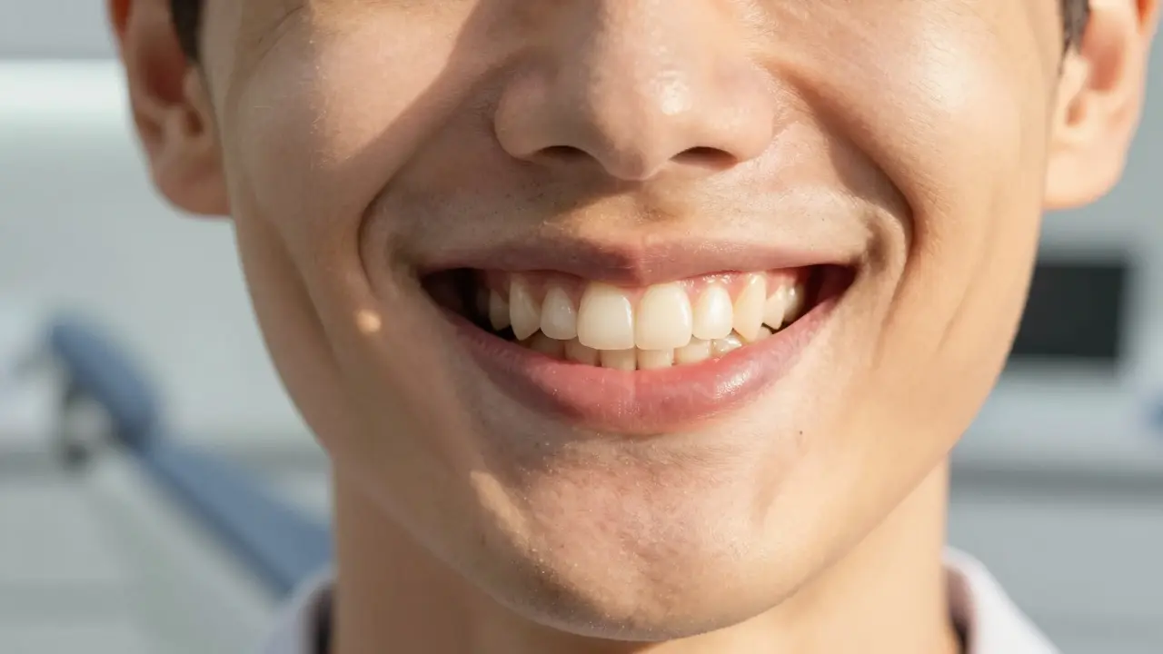 Úsměv člověka s perfektně nahrazeným zubem v moderní klinice.