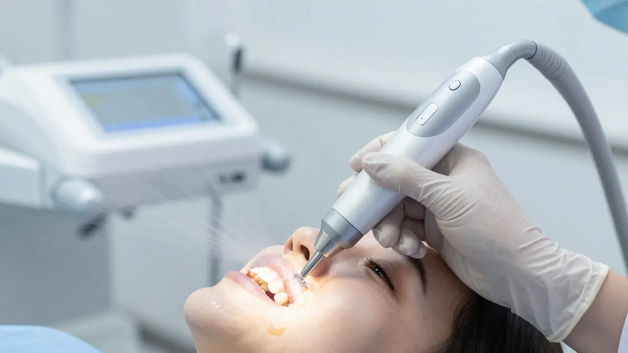 Zubní hygienik používající ultrazvukovou škrabku k odstranění kamene.